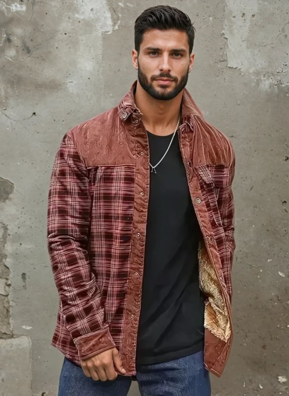 Chaqueta de campo estampada para hombre – Prenda exterior de mezcla de algodón con forro de borreguito y cuello alto