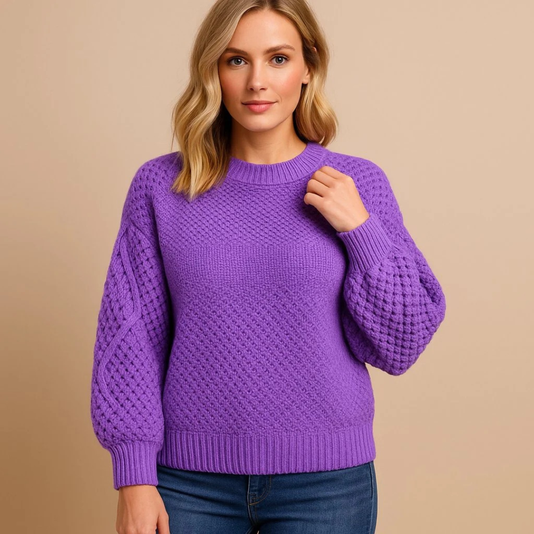 Women’s Textured Knit Sweater – Balloon Sleeve Crew-Neck Style for Autumn and Winter Wear