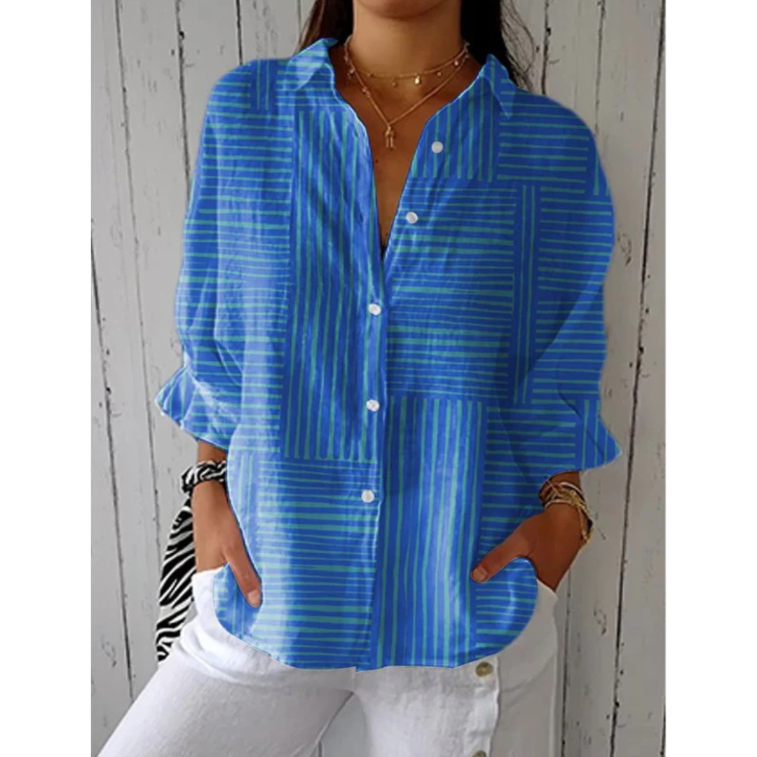 Women’s Collared Print Blouse – Easy Three-Quarter Sleeve Shirt for Spring and Autumn Wear
