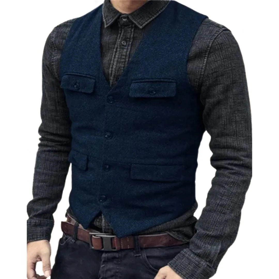 Colete tradicional masculino com decote em V – Camada heritage com vários bolsos para festivais e um estilo casual elegante
