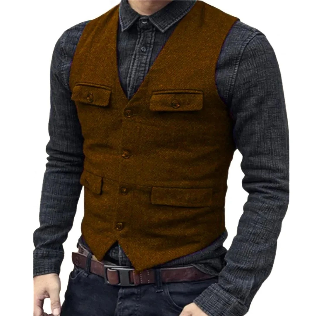 Colete tradicional masculino com decote em V – Camada heritage com vários bolsos para festivais e um estilo casual elegante