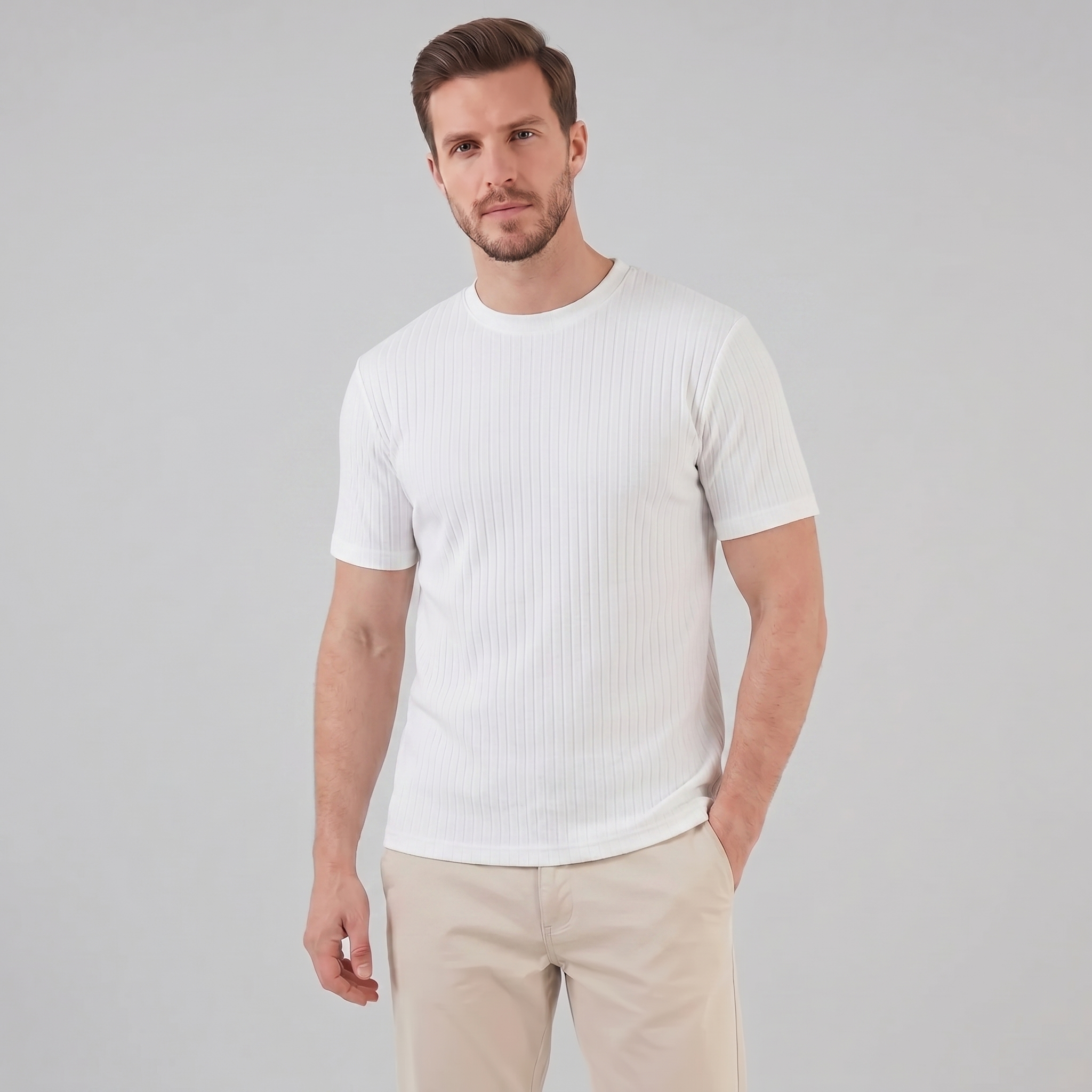 T-shirt da uomo a coste con scollo rotondo, vestibilità slim