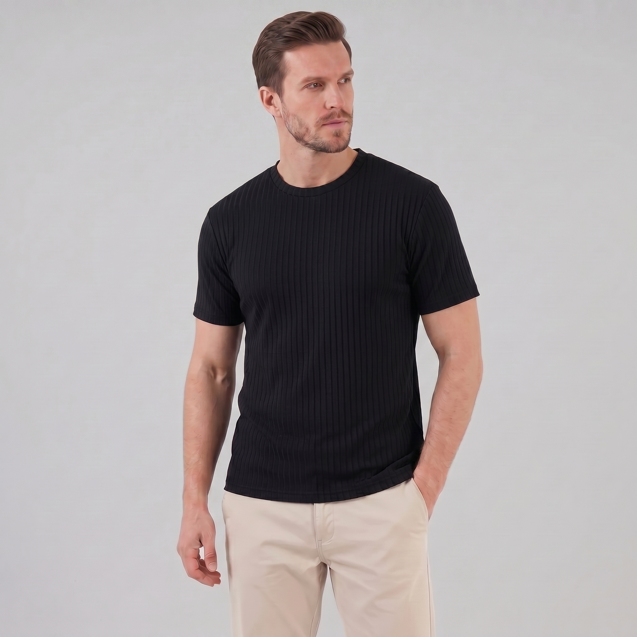 T-shirt da uomo a coste con scollo rotondo, vestibilità slim