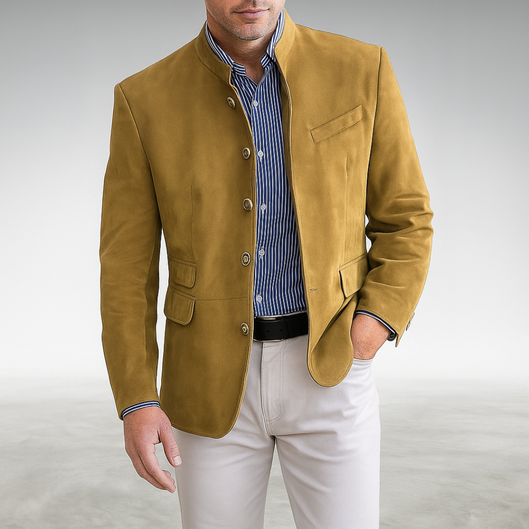 Veste structurée à col montant pour homme - Couche ajustée boutonnée sur le devant pour tenues de travail chic décontracté, looks urbains, dîners, voyages et style raffiné de mi-saison