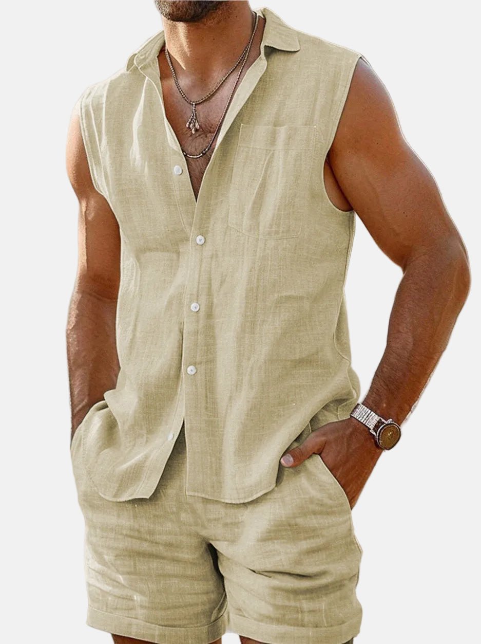 Men’s Linen-Look Sleeveless Shirt and Shorts Set – Lightweight Summer Outfit for Holidays