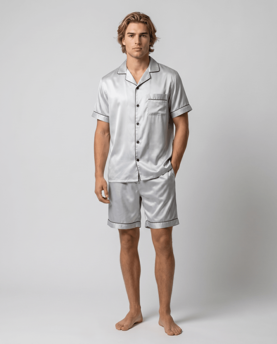 Men’s Short-Sleeve Pyjama Set – Button-Up Sleep Shirt and Matching Shorts with Contrast Piping
