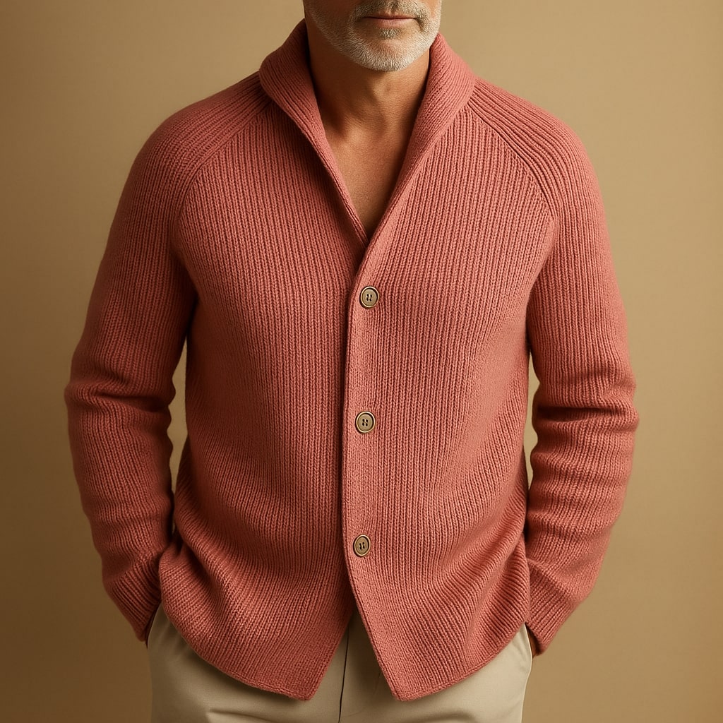Ribstrikket cardigan i uldblanding til mænd - strikket lag med sjalskrave, knapper og påsyede lommer til smart casual-efterårstøj, arbejds-, weekendoutfits og overgangsperiodens hverdagsstil