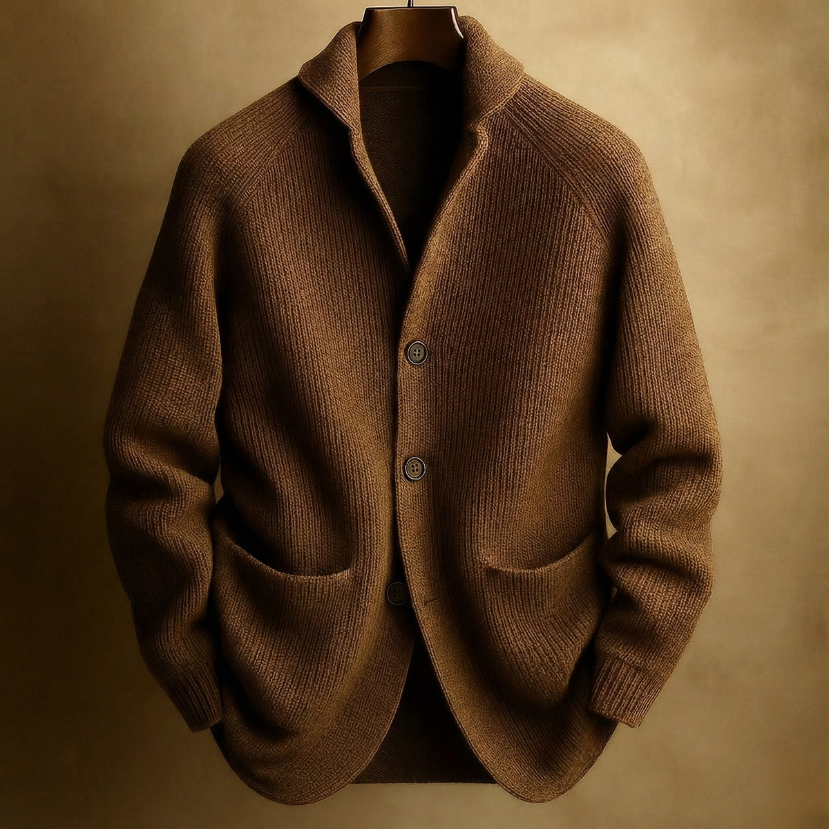 Ribstrikket cardigan i uldblanding til mænd - strikket lag med sjalskrave, knapper og påsyede lommer til smart casual-efterårstøj, arbejds-, weekendoutfits og overgangsperiodens hverdagsstil