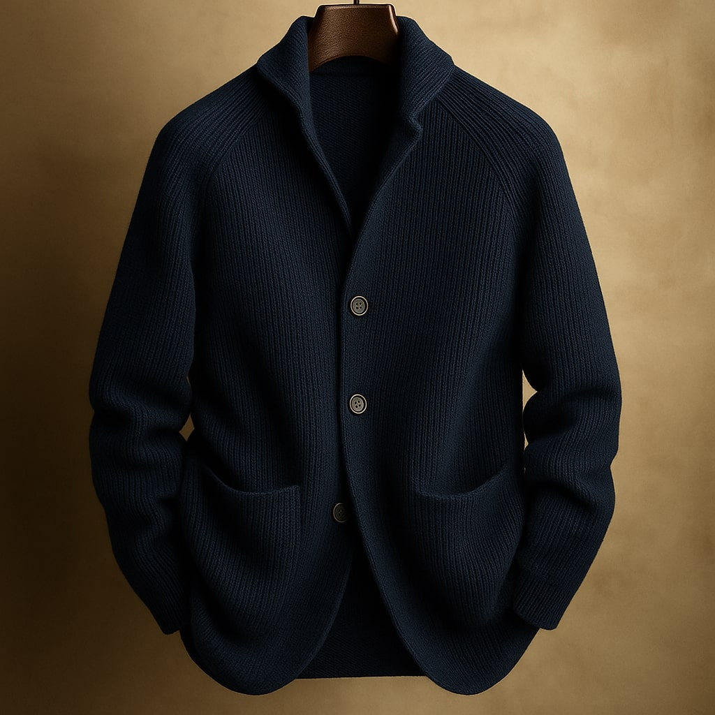 Ribstrikket cardigan i uldblanding til mænd - strikket lag med sjalskrave, knapper og påsyede lommer til smart casual-efterårstøj, arbejds-, weekendoutfits og overgangsperiodens hverdagsstil