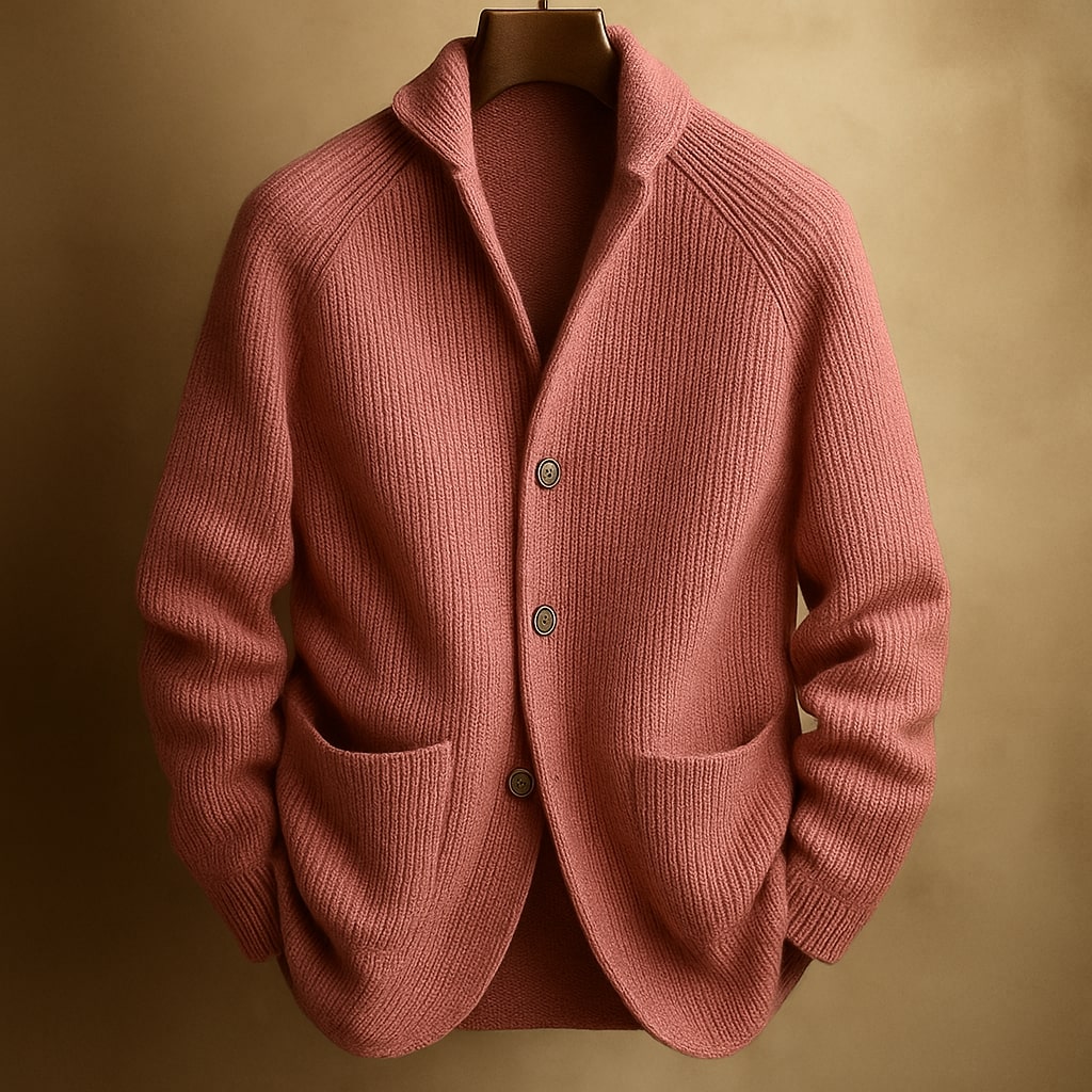 Ribstrikket cardigan i uldblanding til mænd - strikket lag med sjalskrave, knapper og påsyede lommer til smart casual-efterårstøj, arbejds-, weekendoutfits og overgangsperiodens hverdagsstil