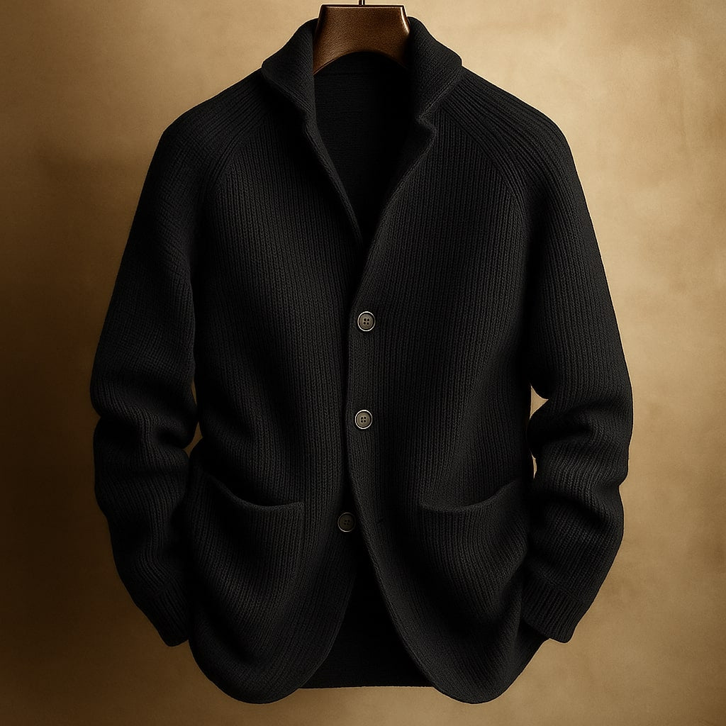 Ribstrikket cardigan i uldblanding til mænd - strikket lag med sjalskrave, knapper og påsyede lommer til smart casual-efterårstøj, arbejds-, weekendoutfits og overgangsperiodens hverdagsstil
