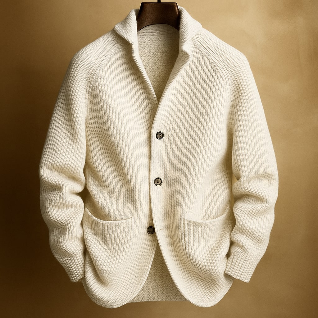 Ribstrikket cardigan i uldblanding til mænd - strikket lag med sjalskrave, knapper og påsyede lommer til smart casual-efterårstøj, arbejds-, weekendoutfits og overgangsperiodens hverdagsstil
