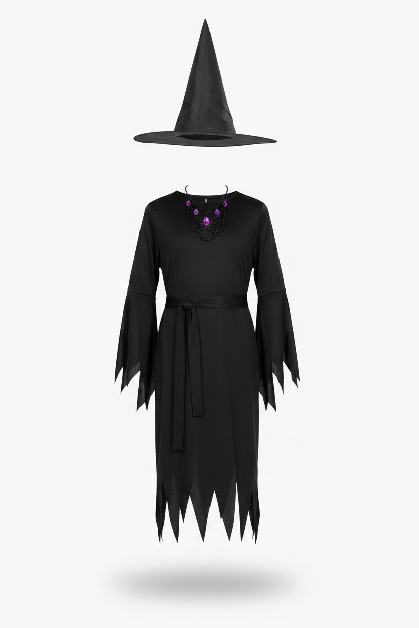 Lasten musta noidan mekko, hattu ja vyö – halloween-asu