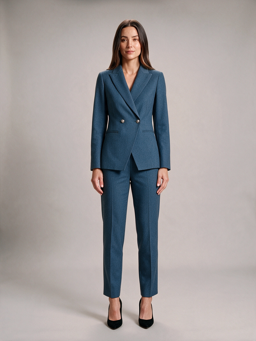 Damespak met pantalon - Getailleerde blazer met dubbele rij knopen en pantalon met rechte pijpen voor kantoor en avondkleding