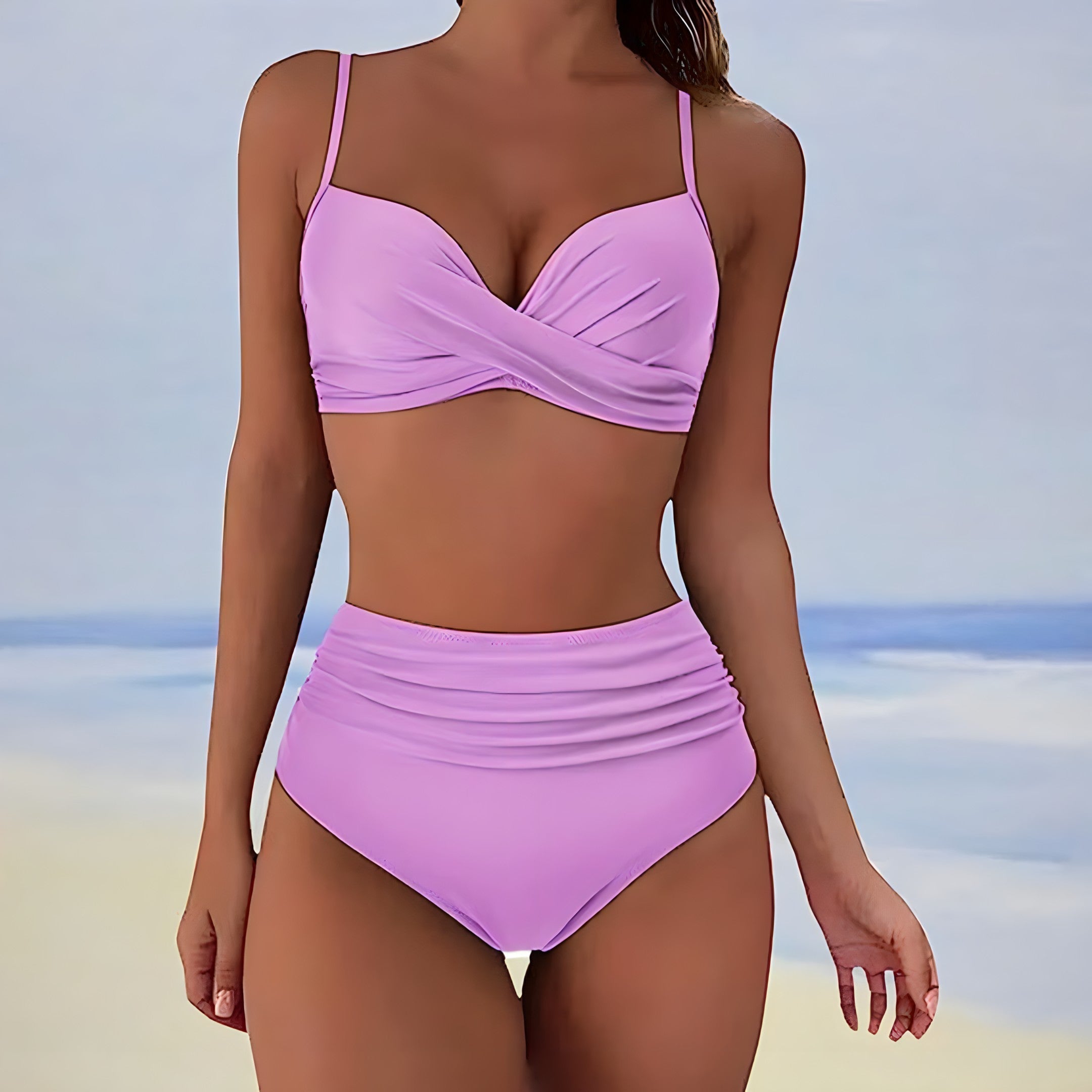 Costume da bagno donna a vita alta con incrocio frontale e supporto, due pezzi