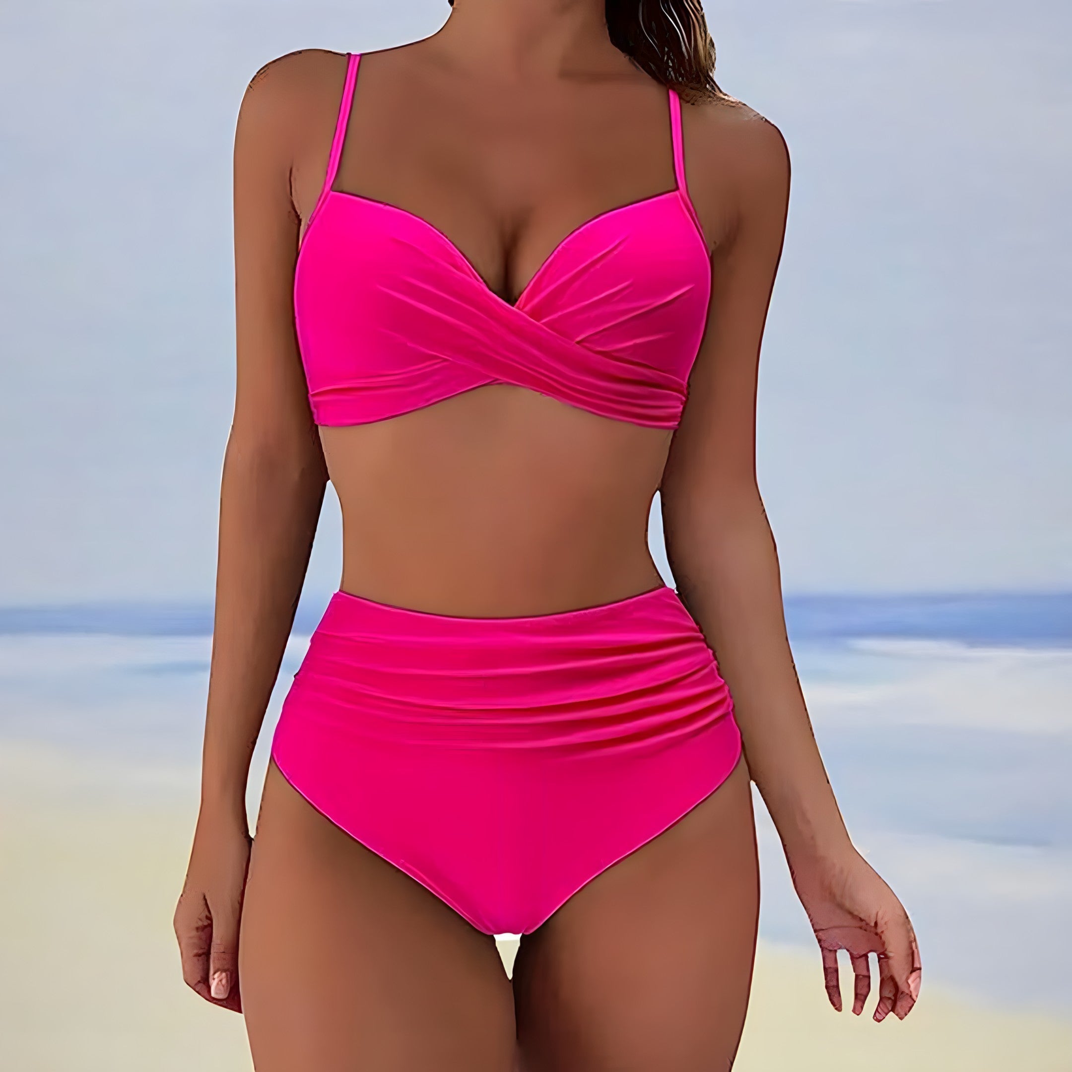 Costume da bagno donna a vita alta con incrocio frontale e supporto, due pezzi
