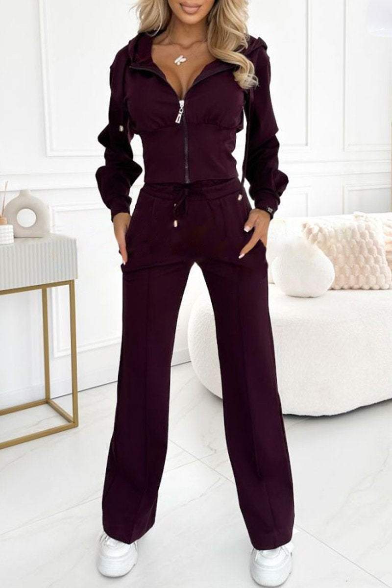 Set trening damă cu fermoar frontal sculptat și pantaloni lejeri asortați