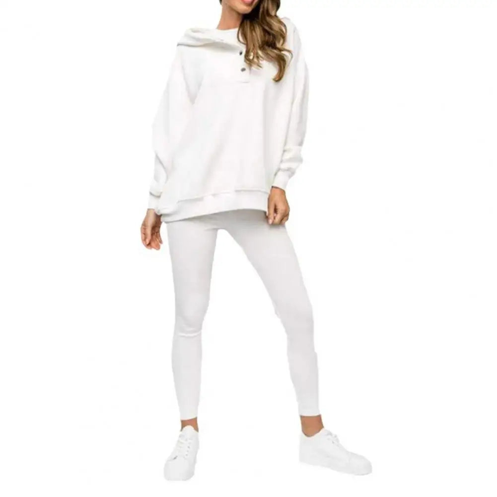 Dameshoodie met knoopsluiting bij de hals en legging-set – Ontspannen casual outfit met twee delen