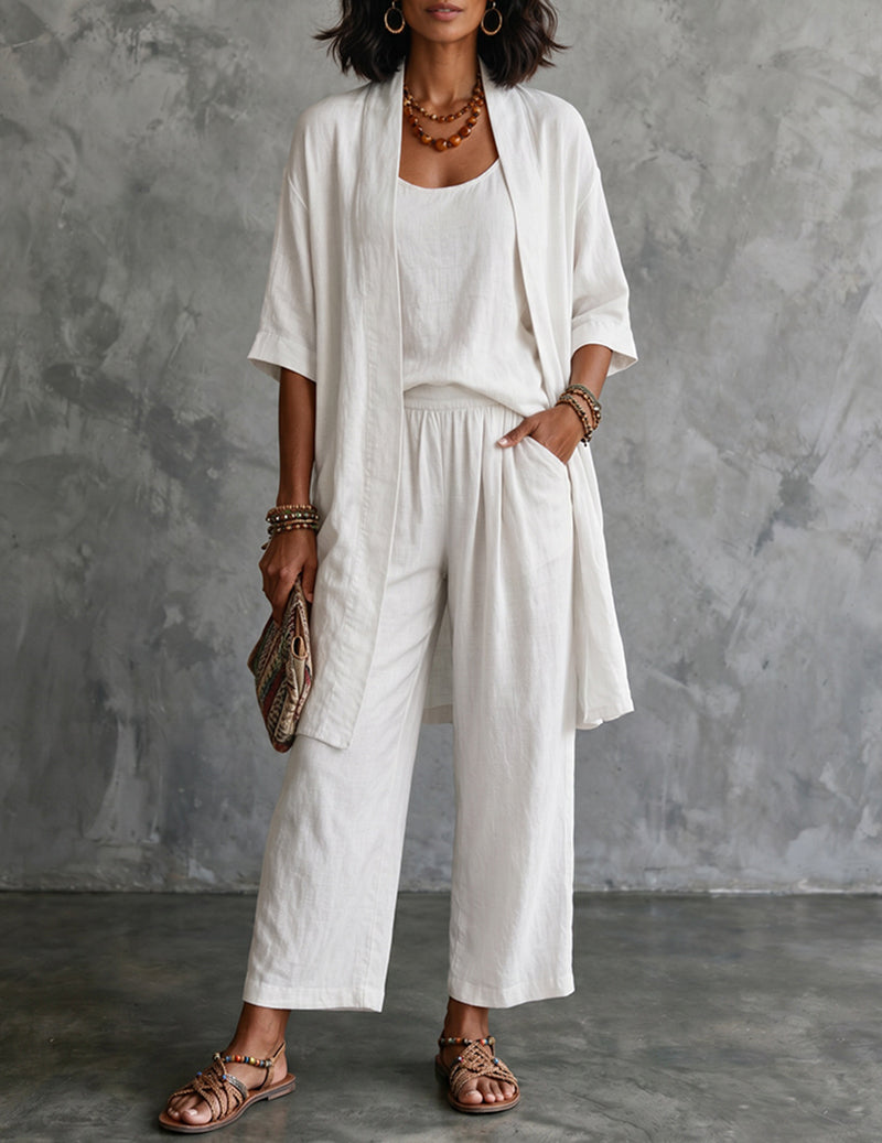 Completo da donna in lino a tre pezzi con cardigan lungo