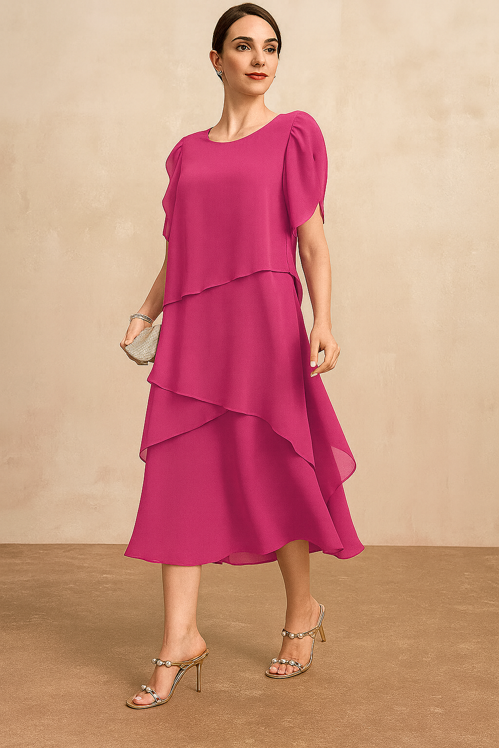 Abito midi da donna a strati in chiffon – Stile estivo fluido da cerimonia con maniche corte