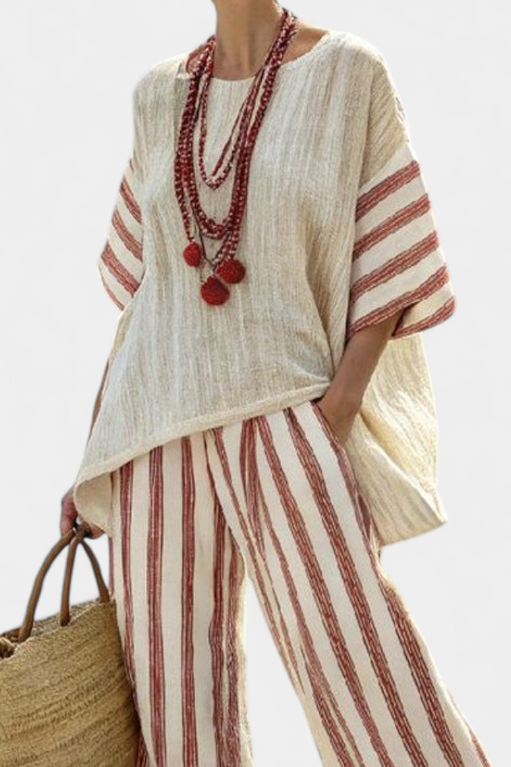 Bedrukte boho-dameset met lange broek voor de zomer – oversized top met korte mouwen en losvallende broek met wijde pijpen voor casual vakantiedagen