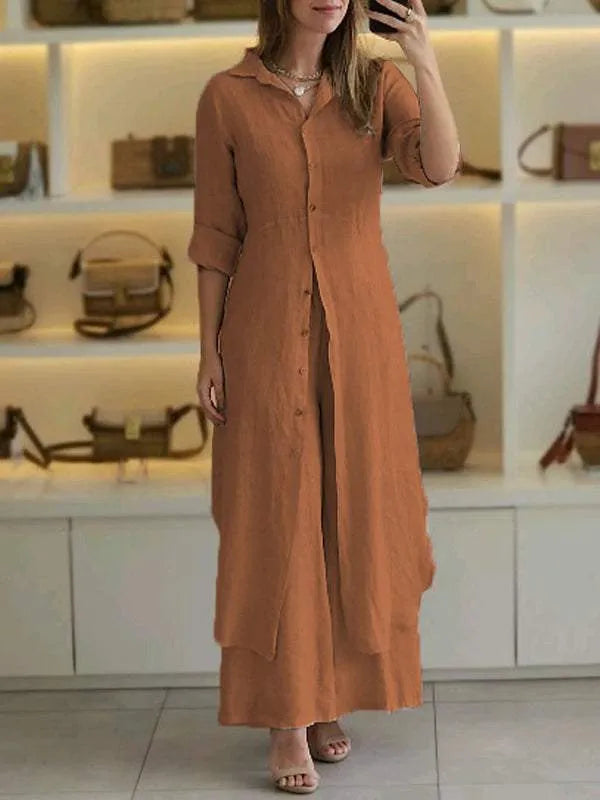 Conjunto de lino para mujer con botones al frente y corte largo