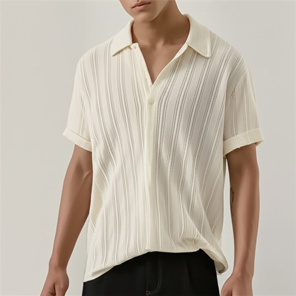 Herre strikket polo med teksturerede lodrette striber sommerbluse