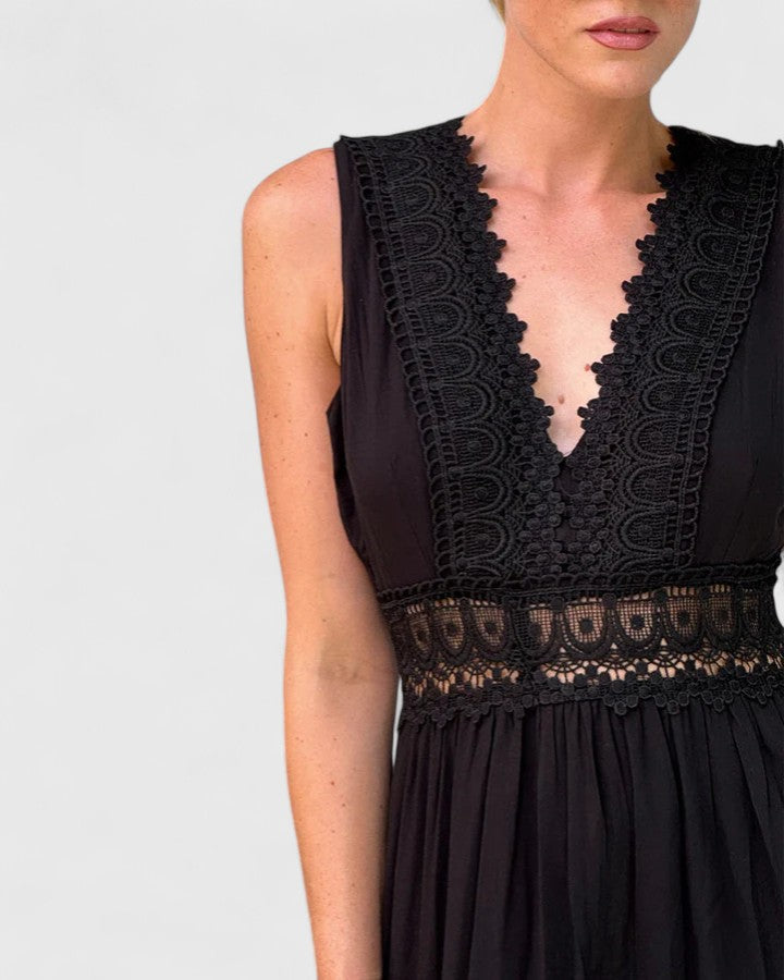 Women’s Lace-Trim Midi Dress – Sleeveless V-Neck Style for Summer Events
