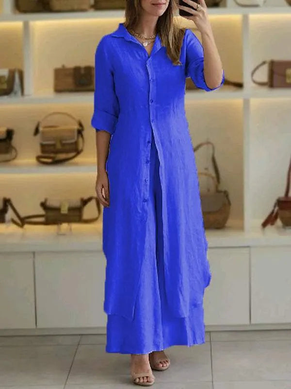 Conjunto de lino para mujer con botones al frente y corte largo