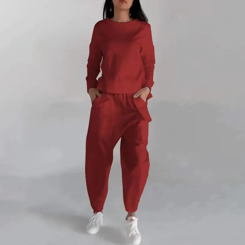 Sweatshirt voor dames met ronde hals en cargojogger – relaxte tweedelige casual outfit