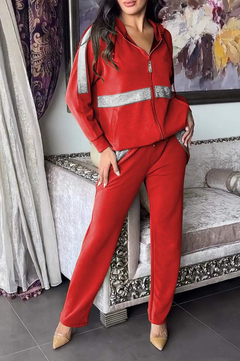 Set pentru femei cu jachetă cu glugă și fermoar și pantaloni lejeri - ținută elegantă din două piese cu panouri contrastante pentru purtare casual de zi cu zi