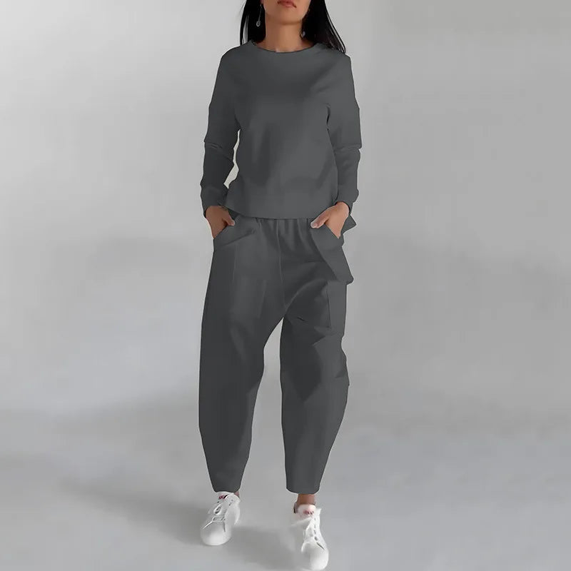 Sweatshirt voor dames met ronde hals en cargojogger – relaxte tweedelige casual outfit