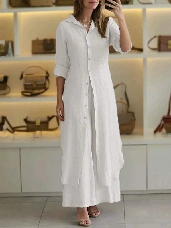 Conjunto de lino para mujer con botones al frente y corte largo