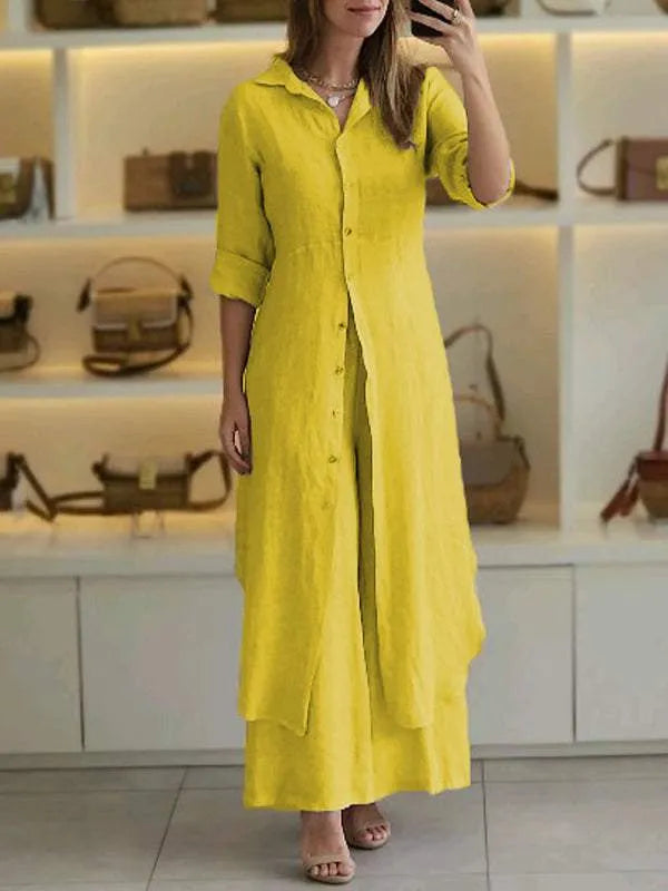 Conjunto de lino para mujer con botones al frente y corte largo