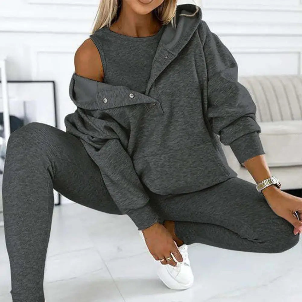 Dameshoodie met knoopsluiting bij de hals en legging-set – Ontspannen casual outfit met twee delen