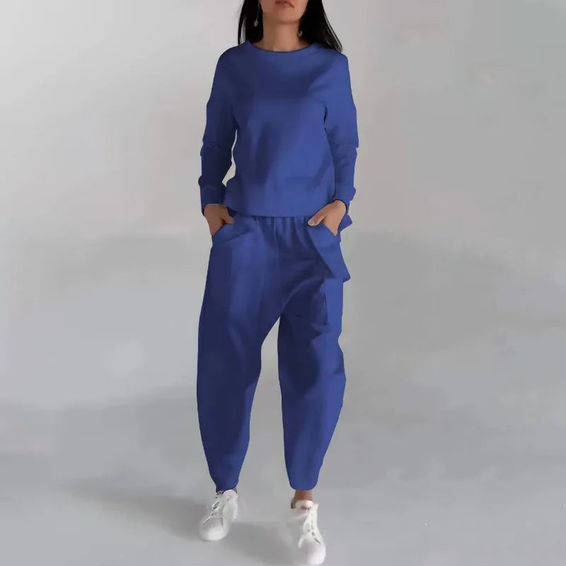 Sweatshirt voor dames met ronde hals en cargojogger – relaxte tweedelige casual outfit