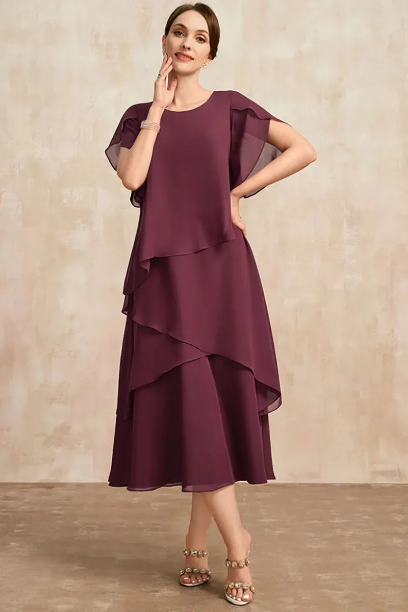 Abito midi da donna a strati in chiffon – Stile estivo fluido da cerimonia con maniche corte