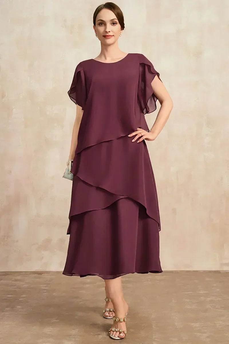 Abito midi da donna a strati in chiffon – Stile estivo fluido da cerimonia con maniche corte