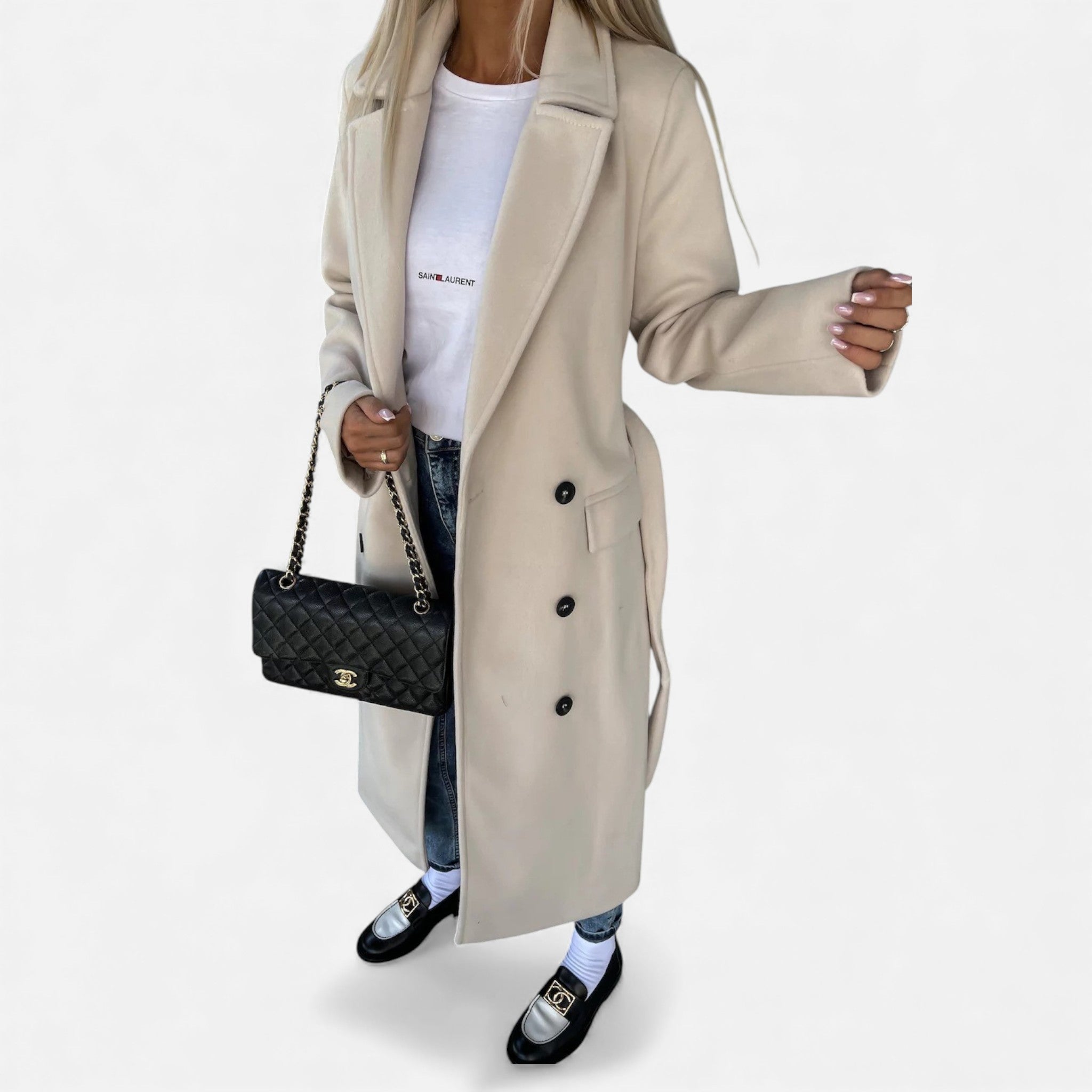 Valmonti | Women’s Belted Lapel Coat – Classic Mid-Length Overcoat