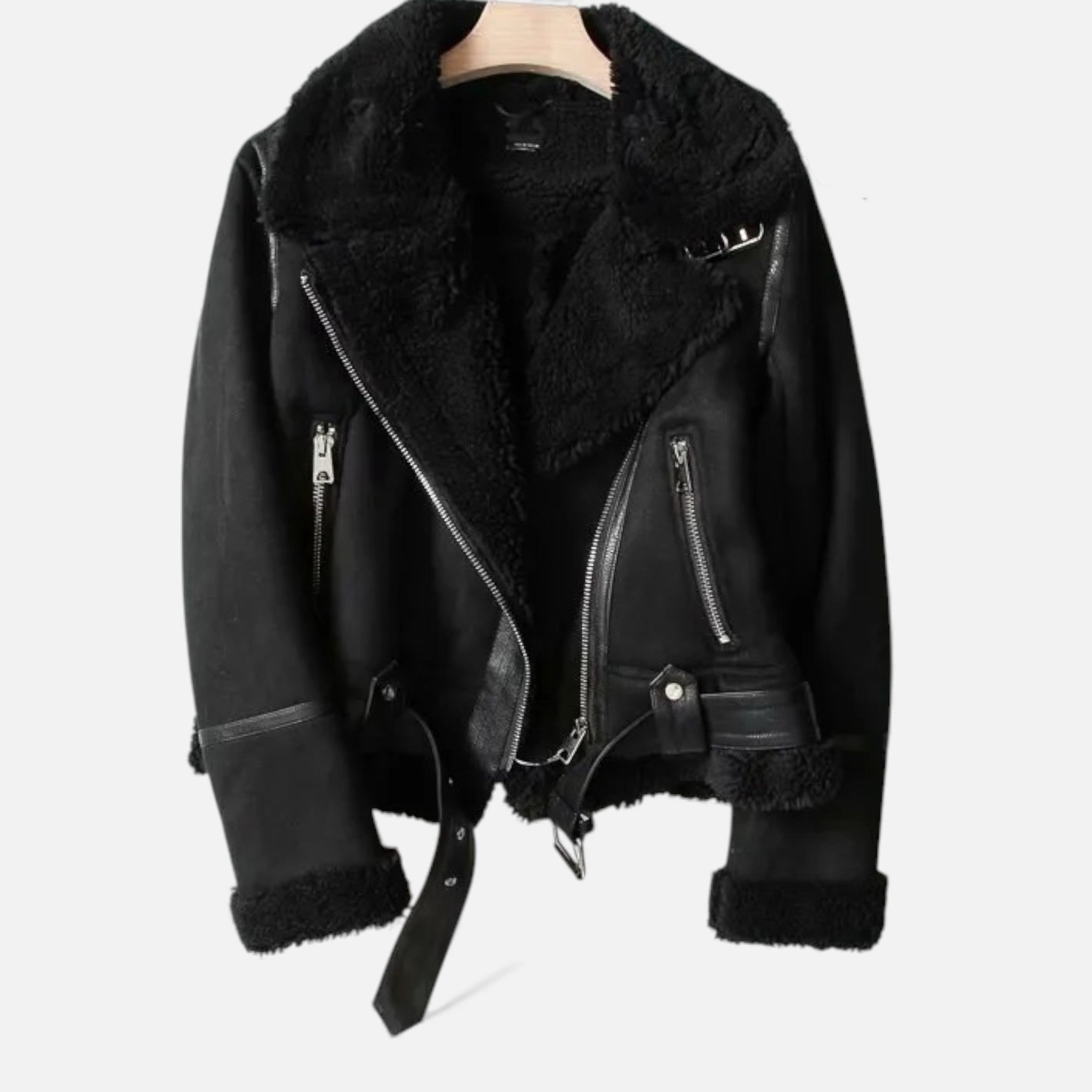 Valmonti | Women’s Suede Lambswool Lapel Jacket – Moto-Style Coat