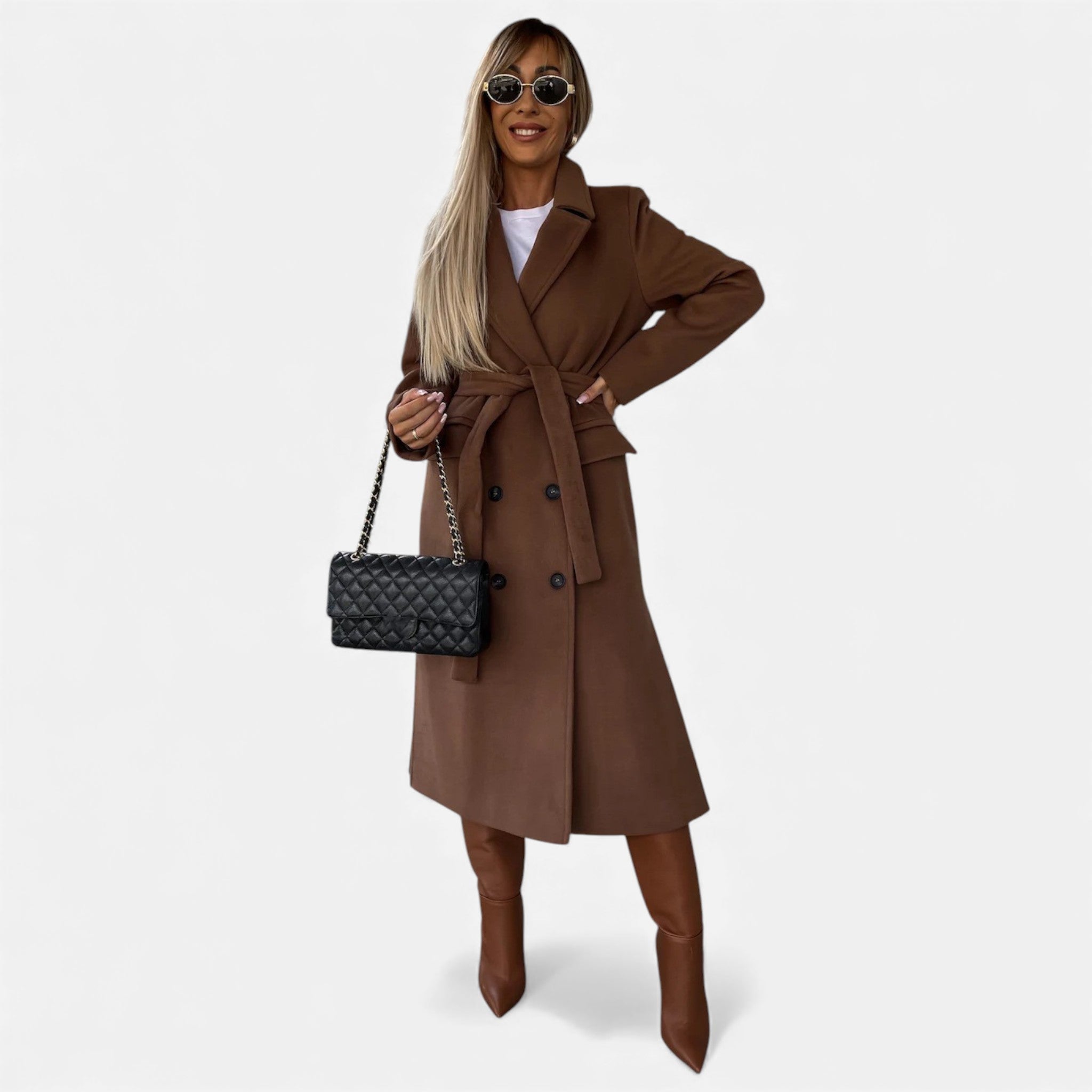 Valmonti | Women’s Belted Lapel Coat – Classic Mid-Length Overcoat