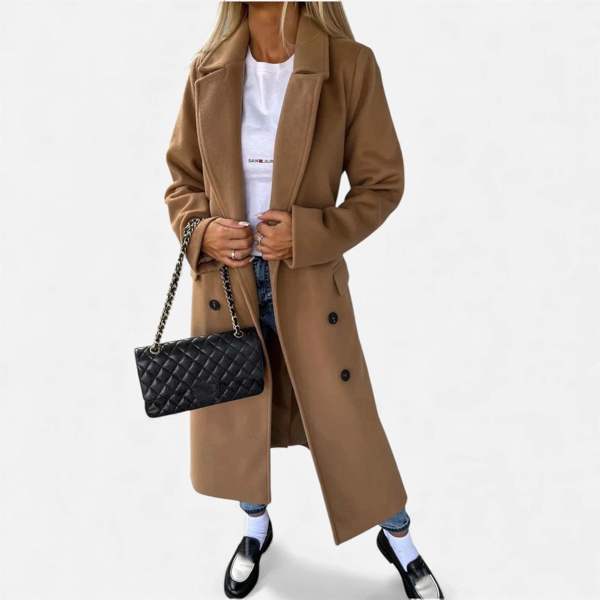 Valmonti | Women’s Belted Lapel Coat – Classic Mid-Length Overcoat