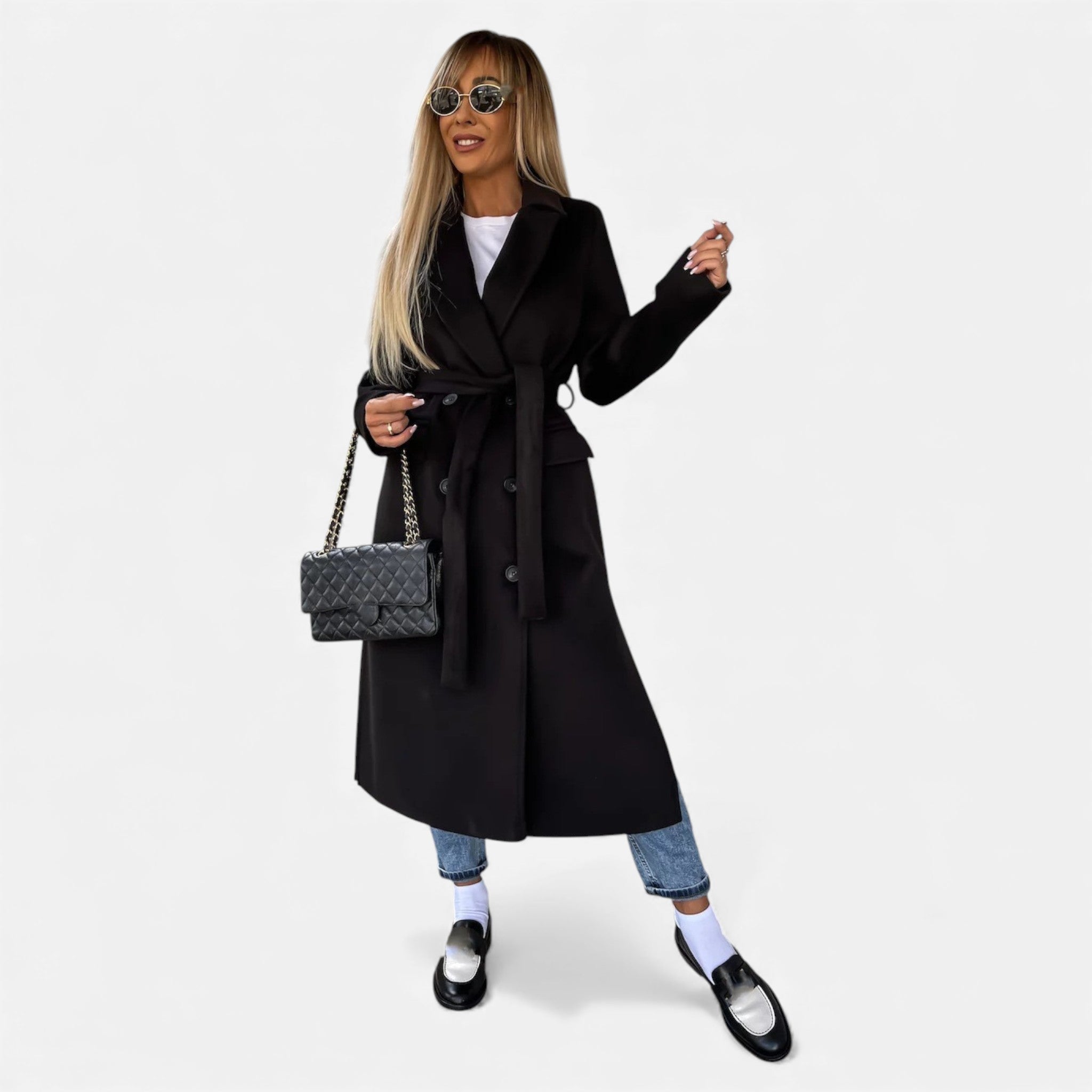 Valmonti | Women’s Belted Lapel Coat – Classic Mid-Length Overcoat