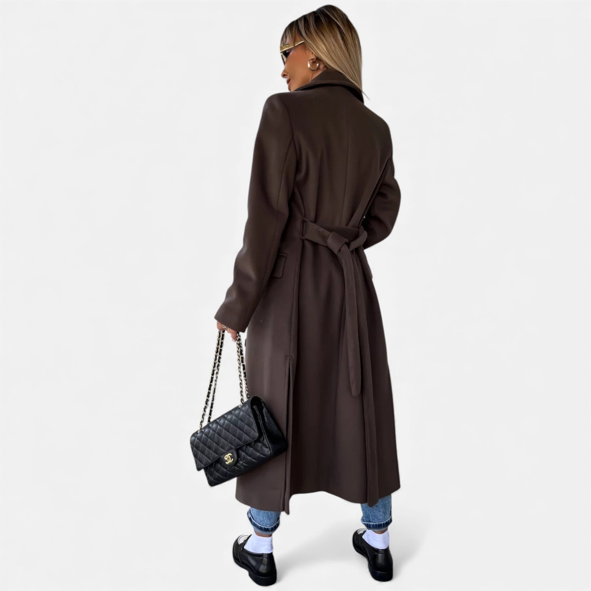 Valmonti | Women’s Belted Lapel Coat – Classic Mid-Length Overcoat