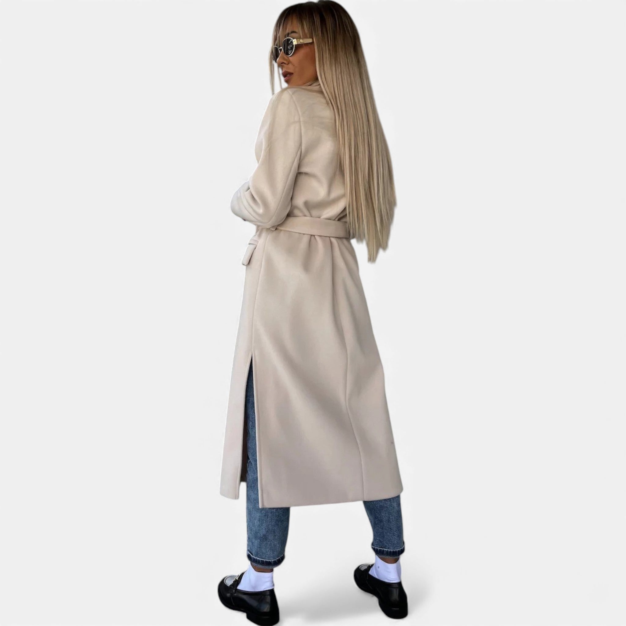 Valmonti | Women’s Belted Lapel Coat – Classic Mid-Length Overcoat