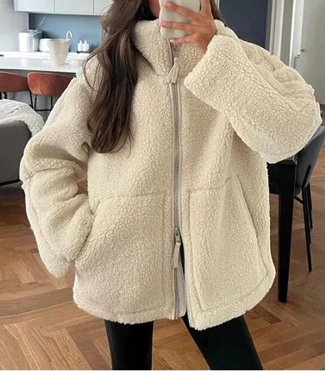 Jachetă supradimensionată din fleece teddy pentru femei, cu fermoar, guler înalt și buzunare aplicate - jachetă exterioară casual, confortabilă, pentru iarnă