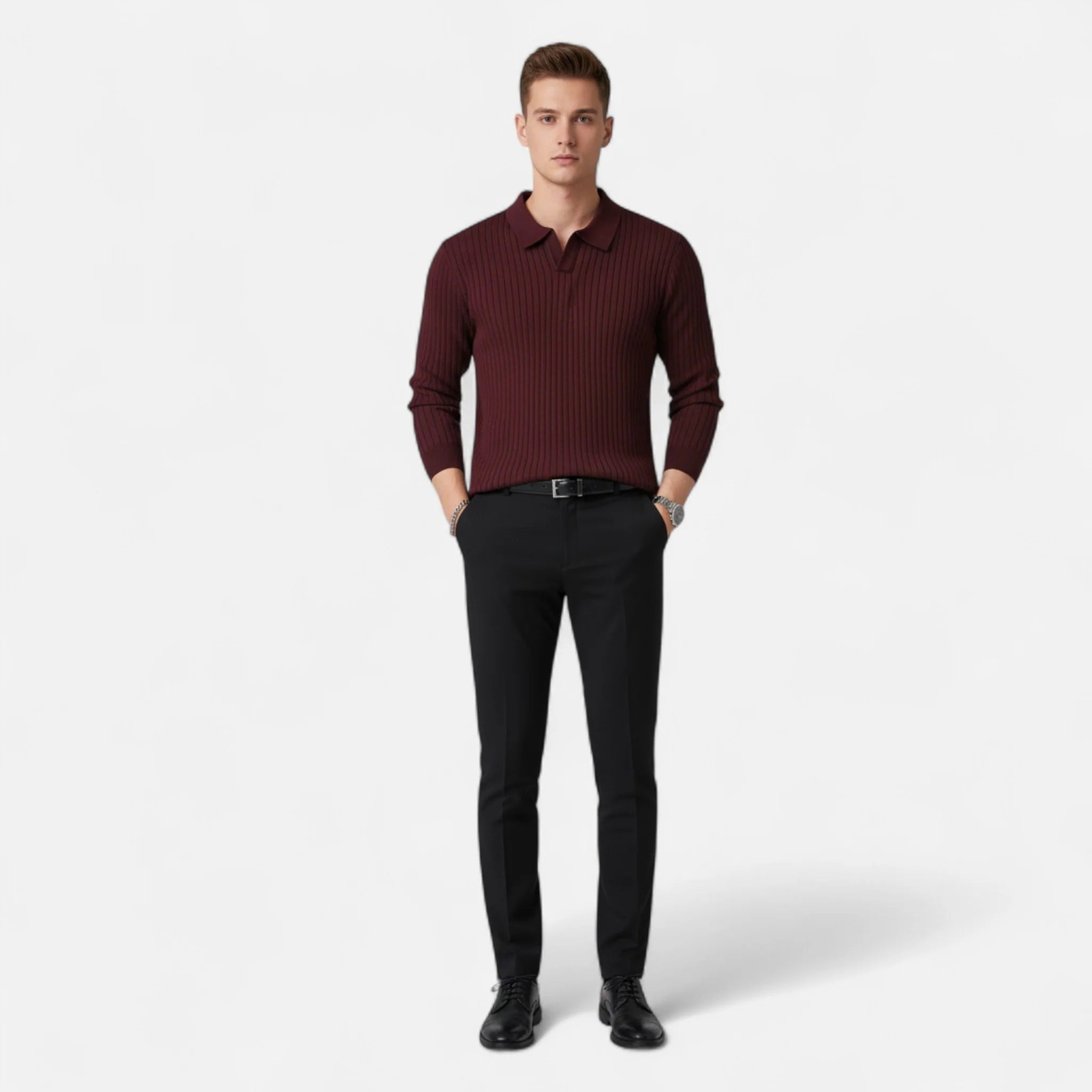 Pánské žebrované polo s dlouhým rukávem – elegantní top s límečkem pro smart casual styl