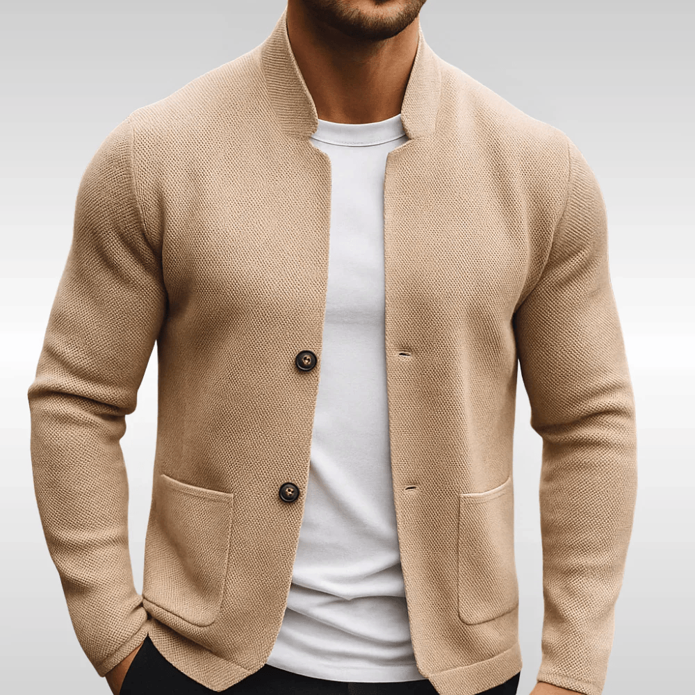 Cardigan da uomo testurizzato con colletto rialzato e tasche applicate – Strato strutturato a maniche lunghe per outfit casual eleganti