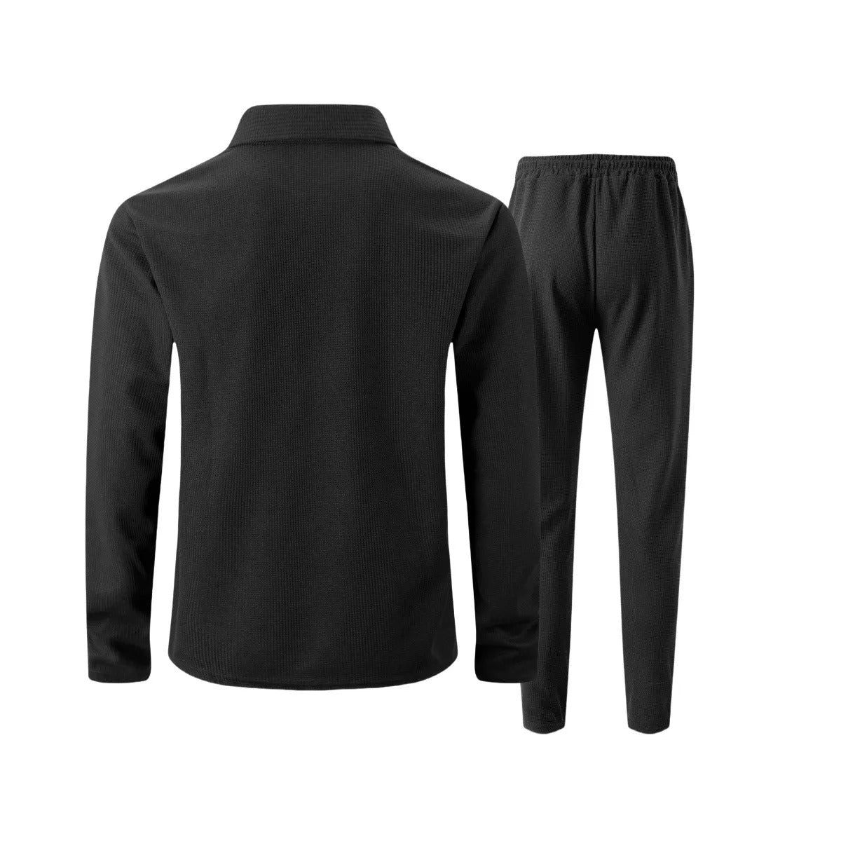 Strukturierter zweiteiliger Herrenanzug aus Jacke mit Reißverschluss und Hose - lässiges Smart-Casual-Outfit für Arbeit und Reisen im Alltag
