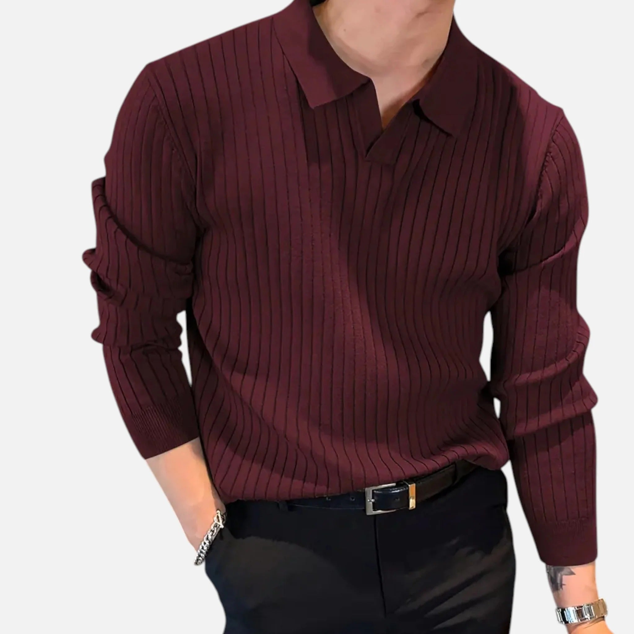 Pánské žebrované polo s dlouhým rukávem – elegantní top s límečkem pro smart casual styl